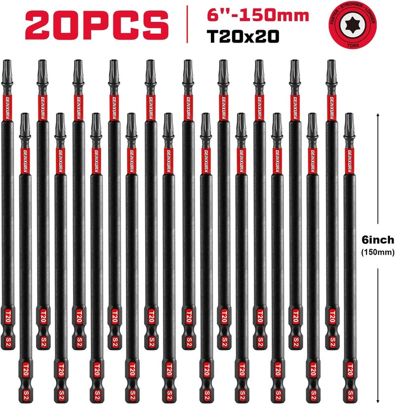 GEINXURN 20Pack Impact Tough #20 Torx 6 in. Insert Driver Bits, Magnetic T20 Head Power Bits, S2 Alloy Steel T20 Screwdriver Bits Set Bulk - Image 2
